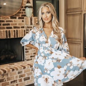 Dusty Blue Floral Bubble Sleeve Dress